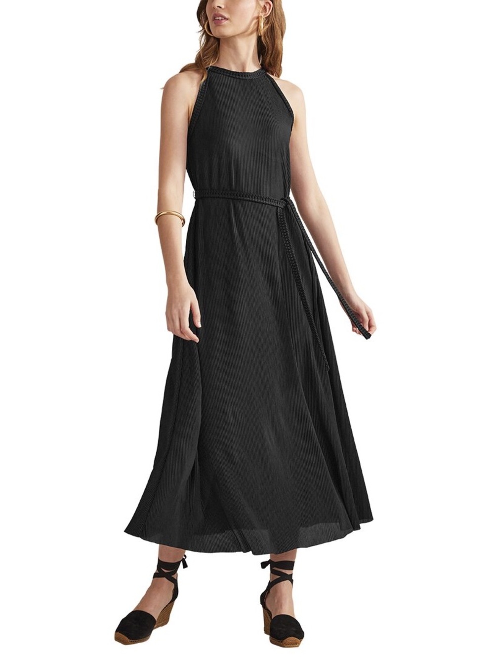Boden Jersey Plisse Black Halter Pleated Maxi Belted Dress Ribbed Vacation Work